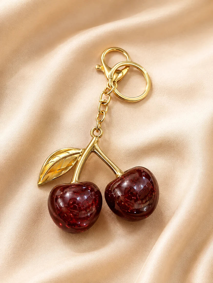 Sparkling Cherry Keychain – Red Glitter Cherry Bag Charm with Gold Leaf