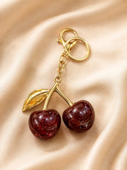 Sparkling Cherry Keychain – Red Glitter Cherry Bag Charm with Gold Leaf