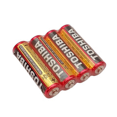 Pack of 4 Toshiba Original Heavy Duty AA 1.5V batteries for remote controls, clocks, toys, flashlights, and other everyday electronic devices on a white background.