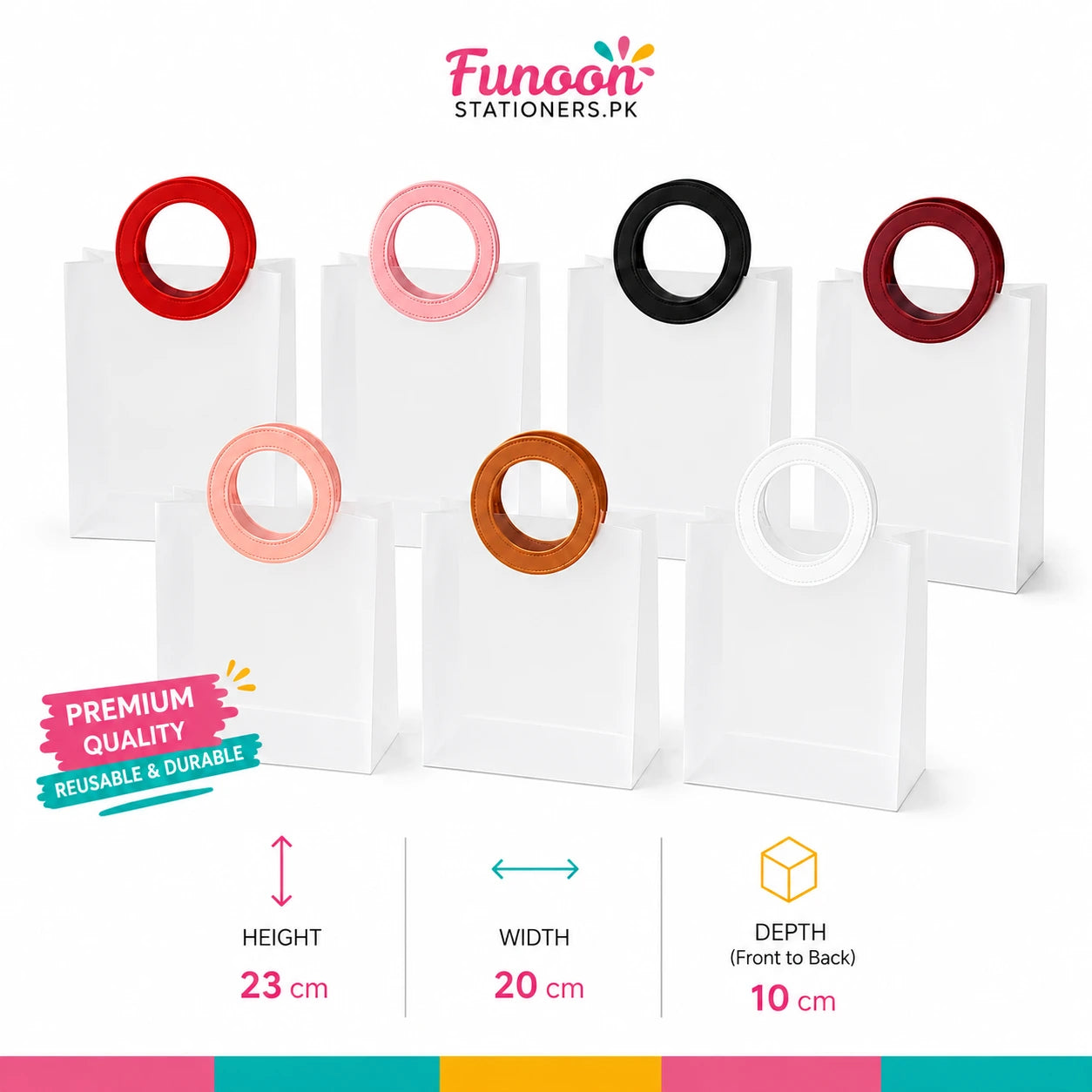 Transparent frosted reusable gift bag with sturdy round handles for gift packaging, shopping, retail bags, party favors, and premium carry bags on a white background.