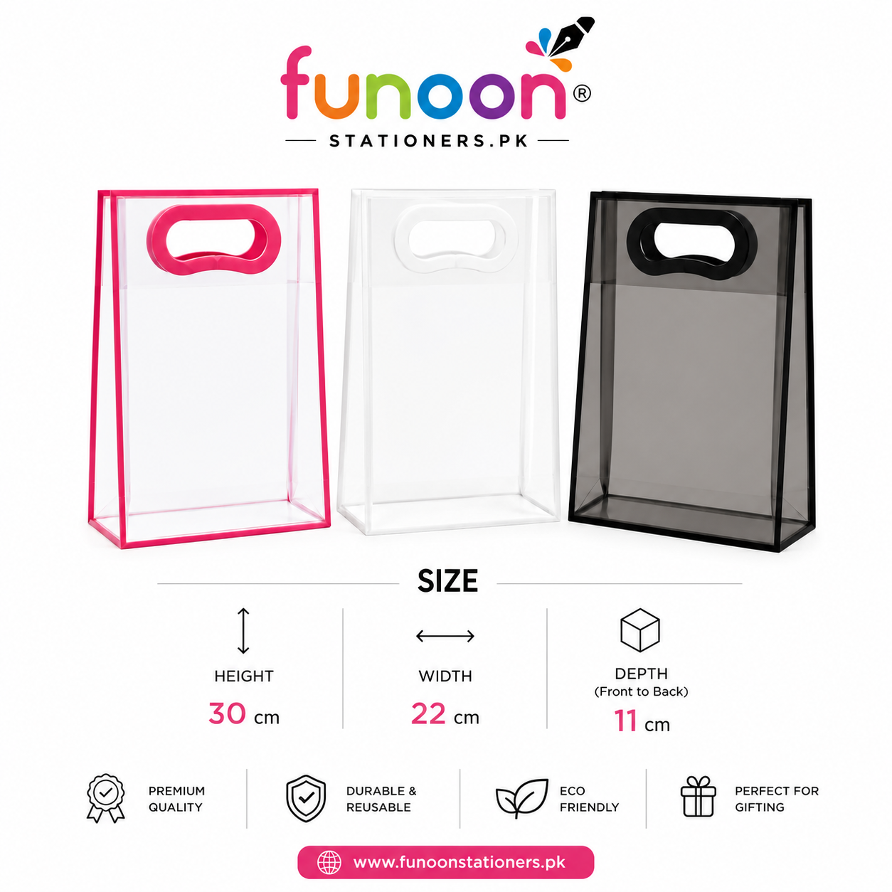 Transparent PVC gift bag with die-cut handle for gift packaging, shopping, retail, and party favors.