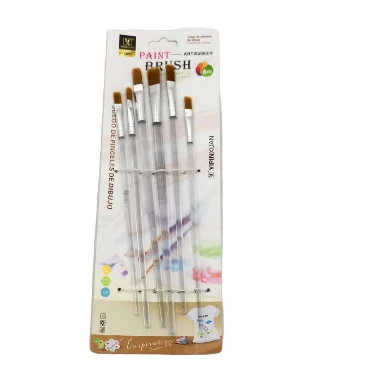 Set of 6 transparent stick flat paint brushes for acrylic and watercolor painting