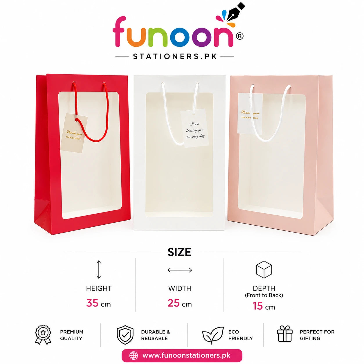 Luxury transparent window paper gift bag with rope handle for flowers, chocolates, gift boxes, hampers, and premium gift packaging on a white background.