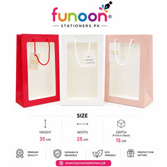 Luxury transparent window paper gift bag with rope handle for flowers, chocolates, gift boxes, hampers, and premium gift packaging on a white background.