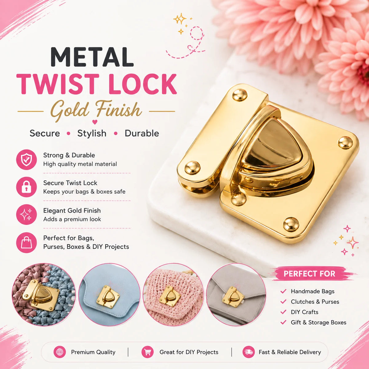 Golden Metal Bag Lock 1 Piece for Handbags and DIY Bag Making