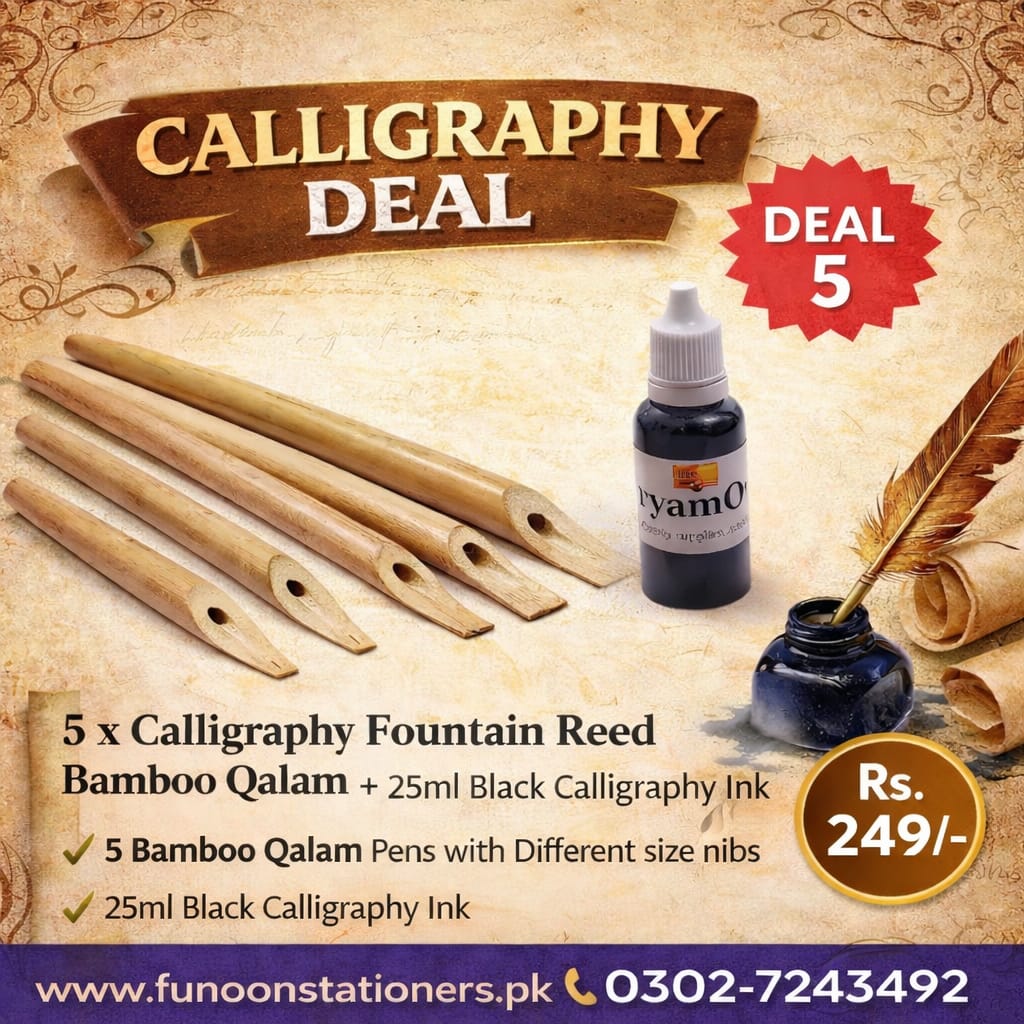 5 reed bamboo calligraphy qalams with 25ml black calligraphy ink for Arabic and Urdu khatati
