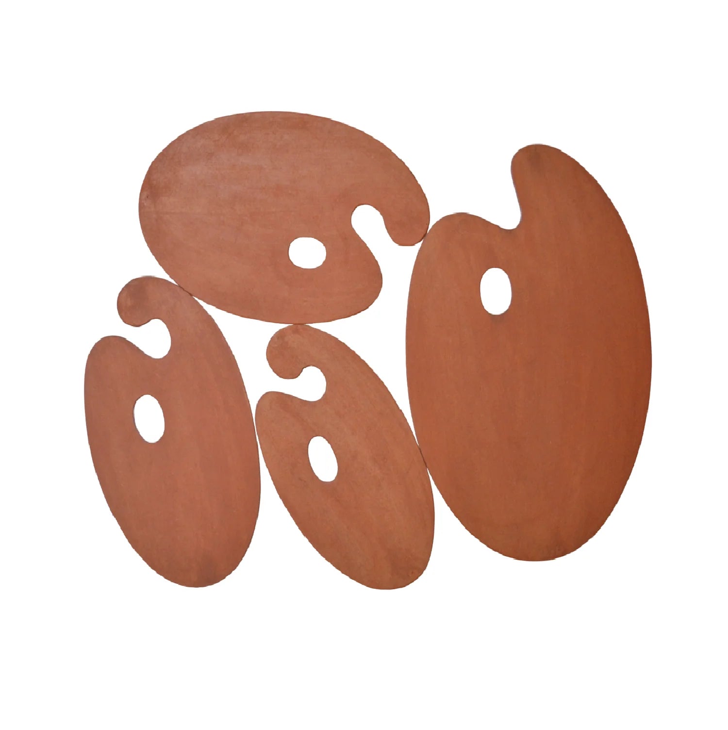 Wooden oval painting palette with thumb hole, natural wood finish, perfect for mixing oil paints and comfortable for artists.