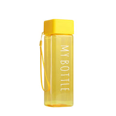 Transparent square plastic drinking water bottle with loop, clear and frosted design