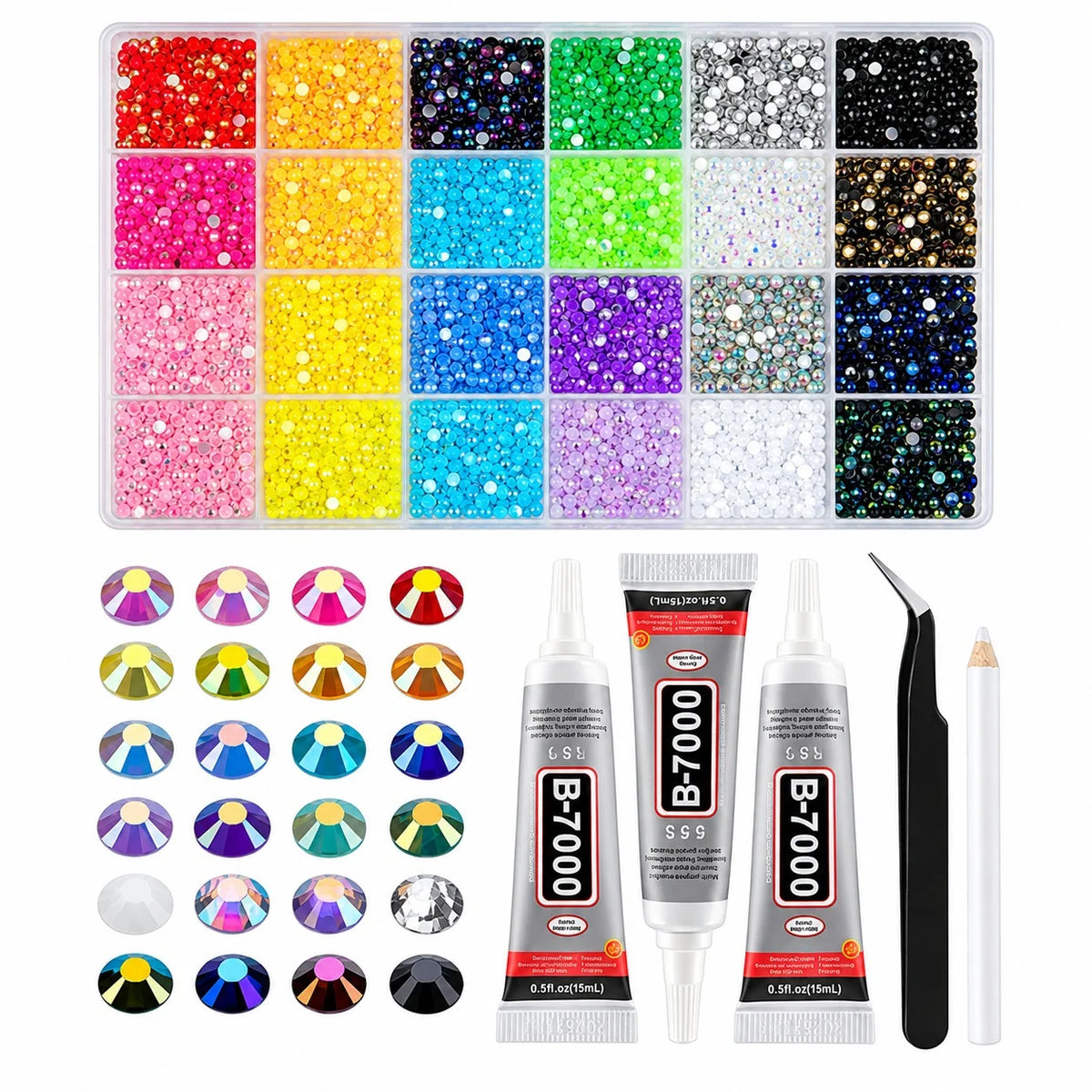 24-color bedazzling kit with assorted decorative gems for nail art and DIY crafts