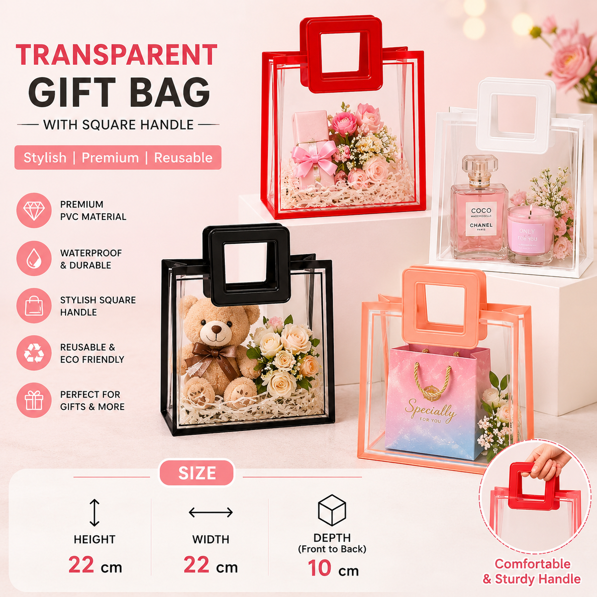Transparent PVC gift bag with square handle, reusable clear gift packaging tote bag for flowers, cosmetics, boutique items, and special occasion gifts measuring 22x22x10cm.