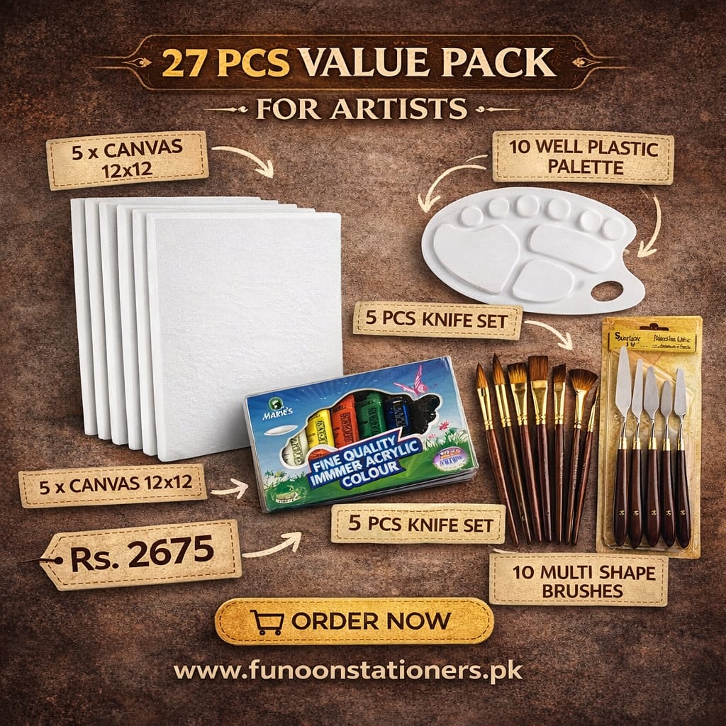27-piece artist set including stretched canvases, acrylic paint tubes, assorted multi-shape brushes, and a 10-well paint mixing palette.