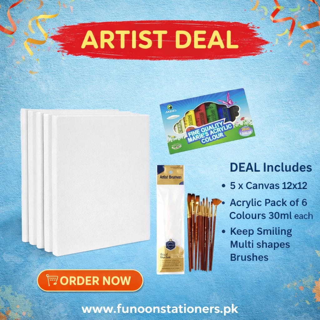 Artist value pack including stretched canvases, Marie’s 30ml acrylic paint tubes, and Keep Smiling assorted multi-shape brushes.