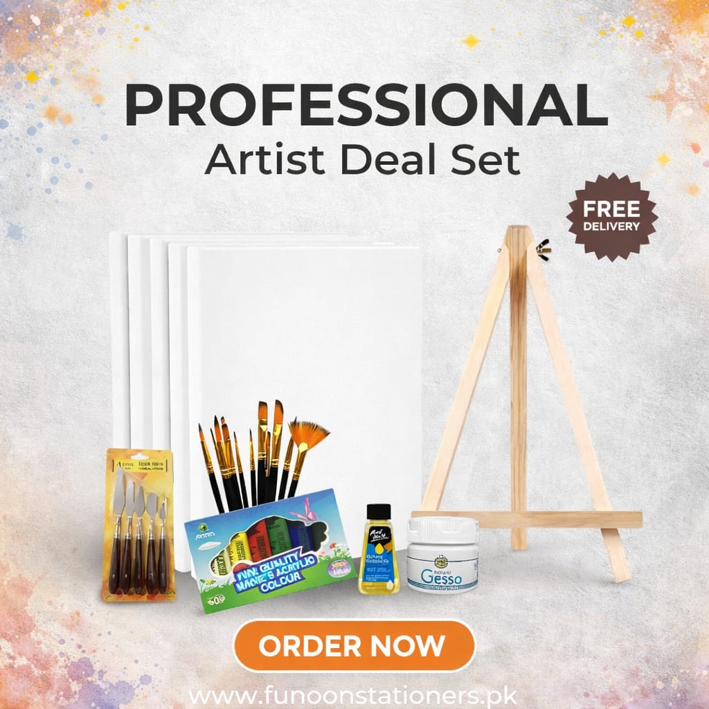 Professional artist deal set including canvas, paintbrushes, wooden easel, and acrylic color tubes for painting and art projects.