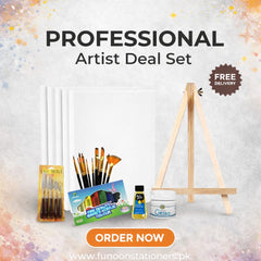 Professional artist deal set including canvas, paintbrushes, wooden easel, and acrylic color tubes for painting and art projects.