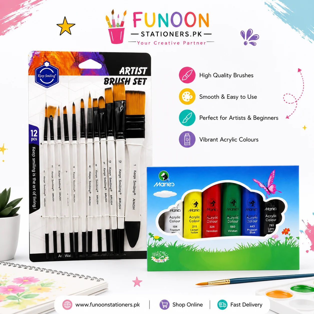 Acrylic & Brush Kit with 6 Marie’s Colours and 12 Paint Brushes
