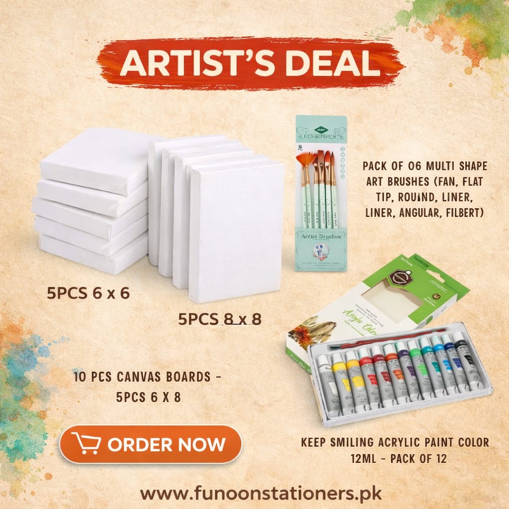 Artist painting deal with stretched canvases, Keep Smiling 12ml acrylic paint tubes, and assorted multi-shape paint brushes.