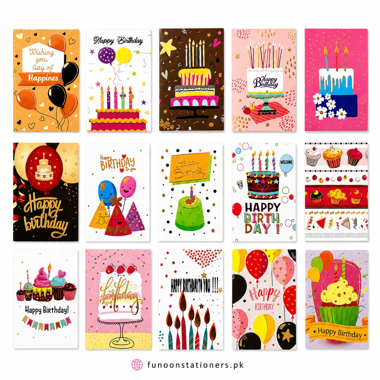 Pack of 5 assorted Happy Birthday greeting cards with colorful birthday designs for kids, friends, family, office celebrations, gifts, and birthday wishes on a white background.