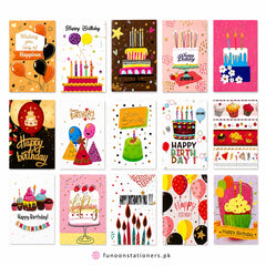 Pack of 5 assorted Happy Birthday greeting cards with colorful birthday designs for kids, friends, family, office celebrations, gifts, and birthday wishes on a white background.