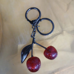 Sparkling Cherry Keychain – Red Glitter Cherry Bag Charm with Gold Leaf