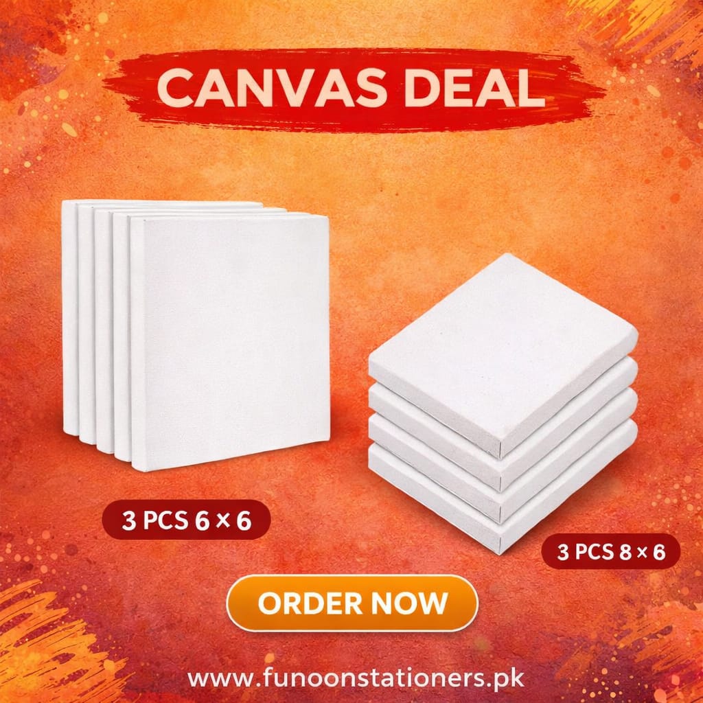 Pack of six canvas boards including three 6x6 inch and three 8x8 inch panels for painting with acrylics, oils, and crafts.