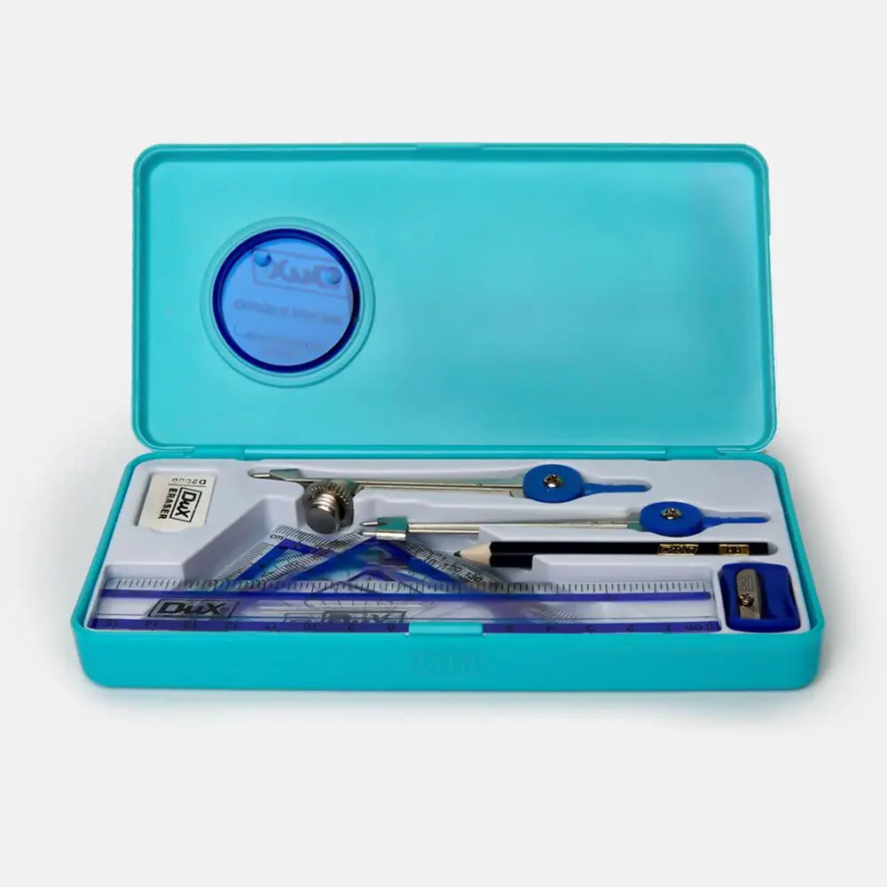 DuX 701 geometry box set with complete math instruments for students including compass, ruler, protractor, and pencils for school use