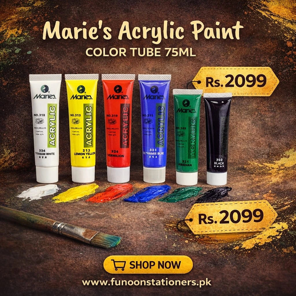 Pack of 6 Maries 75ml acrylic paint tubes in basic colors for canvas, paper, and art projects.