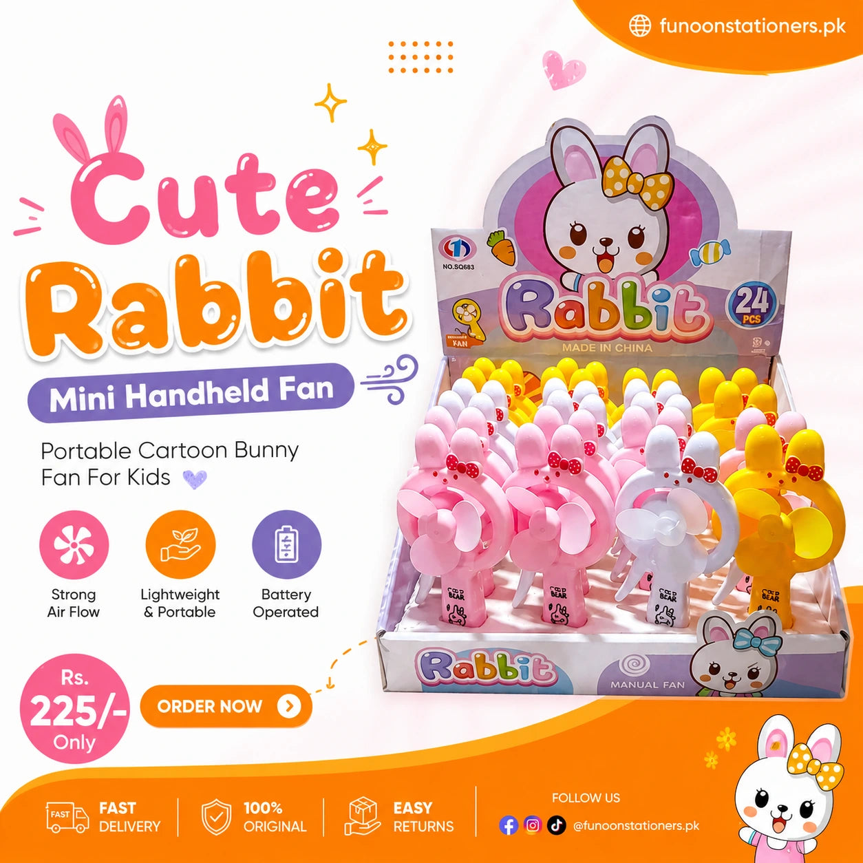 Pink Rabbit Fan Cute Rabbit Mini Handheld Fan for Kids | Portable Cartoon Bunny Fan (1 ...