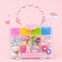 DIY Beads and Jewelry Making Kit for Girls with colorful alphabet beads, charms, elastic thread, and organizer storage box for bracelet crafting.