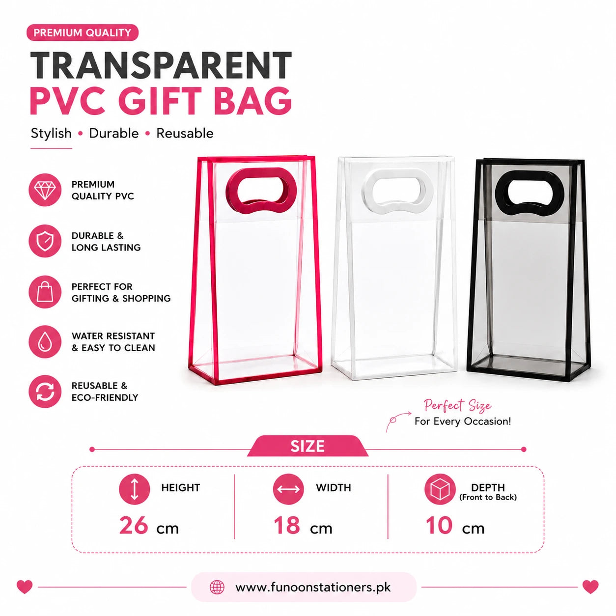 Transparent PVC gift bag with die-cut handle for gift packaging, shopping, retail stores, boutiques, party favors, and reusable clear carry bags on a white background.