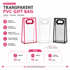 Transparent PVC gift bag with die-cut handle for gift packaging, shopping, retail stores, boutiques, party favors, and reusable clear carry bags on a white background.