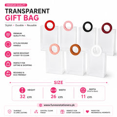Transparent frosted gift bag with sturdy round handles for shopping, gift packaging, retail stores, boutiques, party favors, and reusable carry bags on a white background.