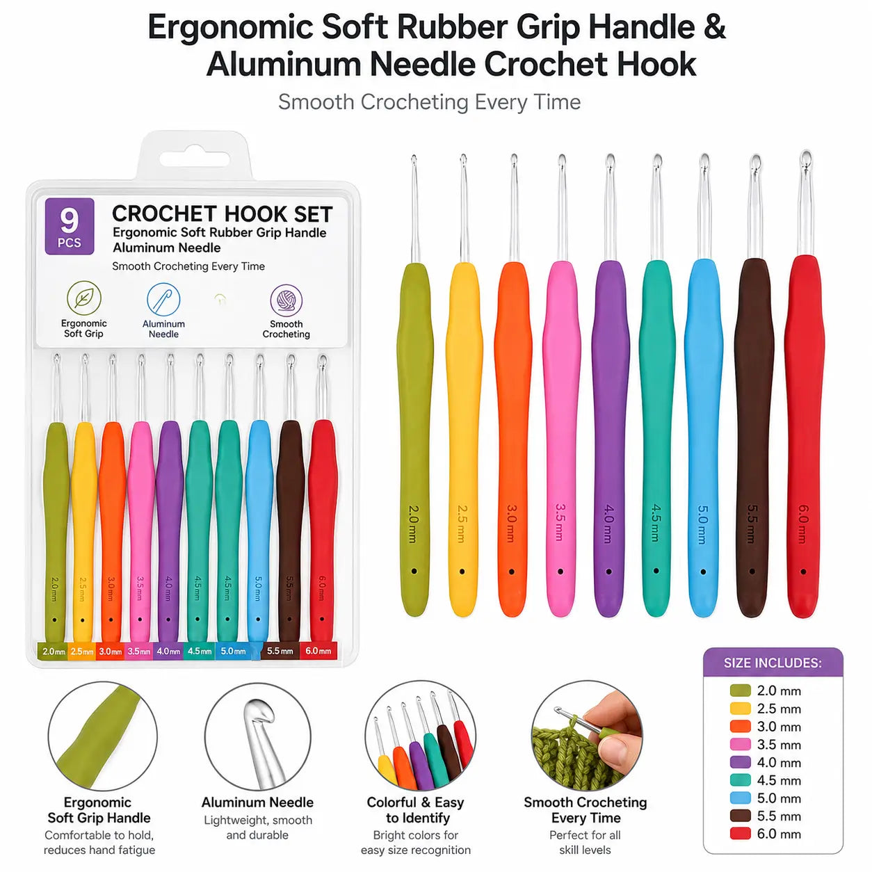 9pcs ergonomic soft rubber grip aluminum crochet hook set for knitting and crochet crafts