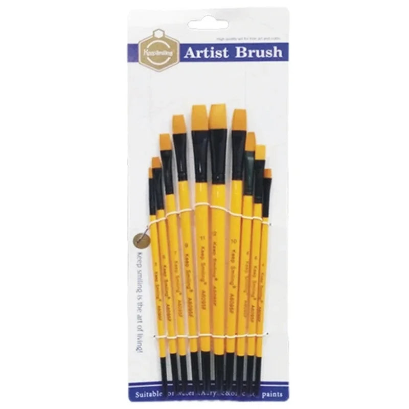 Pack of 10 Keep Smiling professional fine flat tip paint brushes for acrylic, oil, watercolor, and detailed art projects