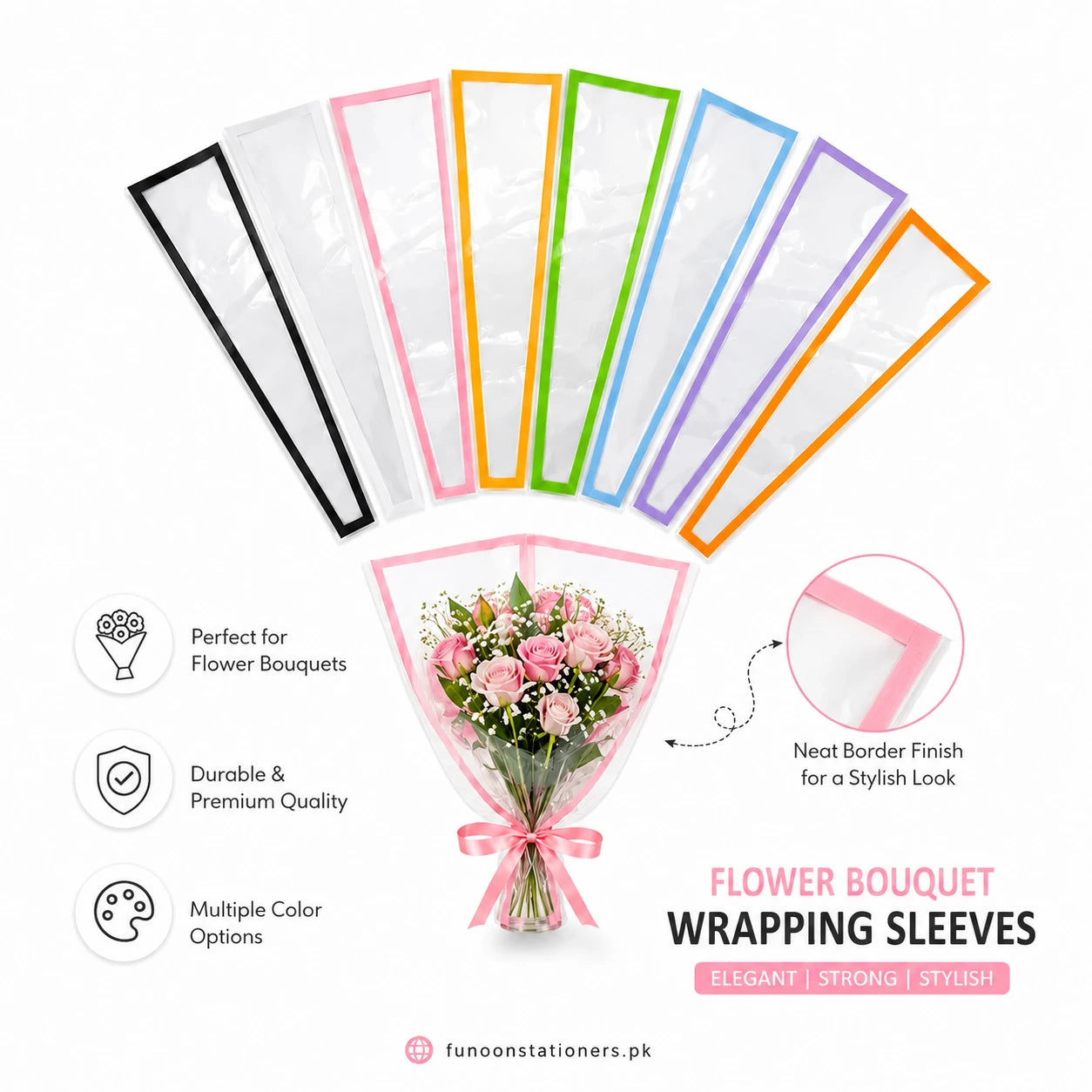 Transparent bouquet wrapping sleeve sheet with colored border for flower bouquet packaging, florist wrapping, gift presentation, and floral arrangements on a white background.