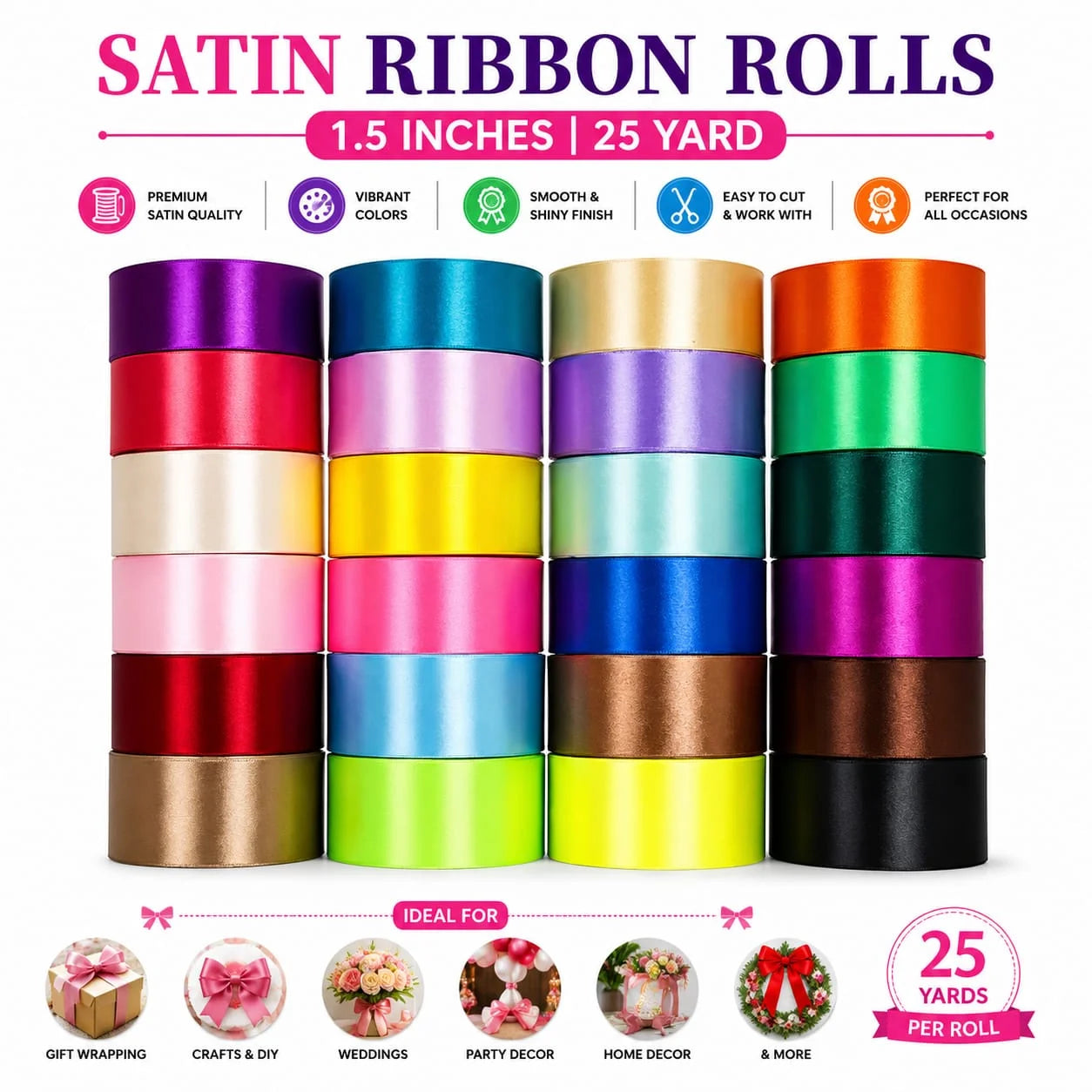 1.5 inch satin ribbon roll 25 yards for gift wrapping and decoration crafts