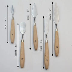 Vneeds 5-piece flexible stainless steel palette knife set with assorted blade shapes for acrylic painting, oil painting, texture art, and sculpting on a white background.