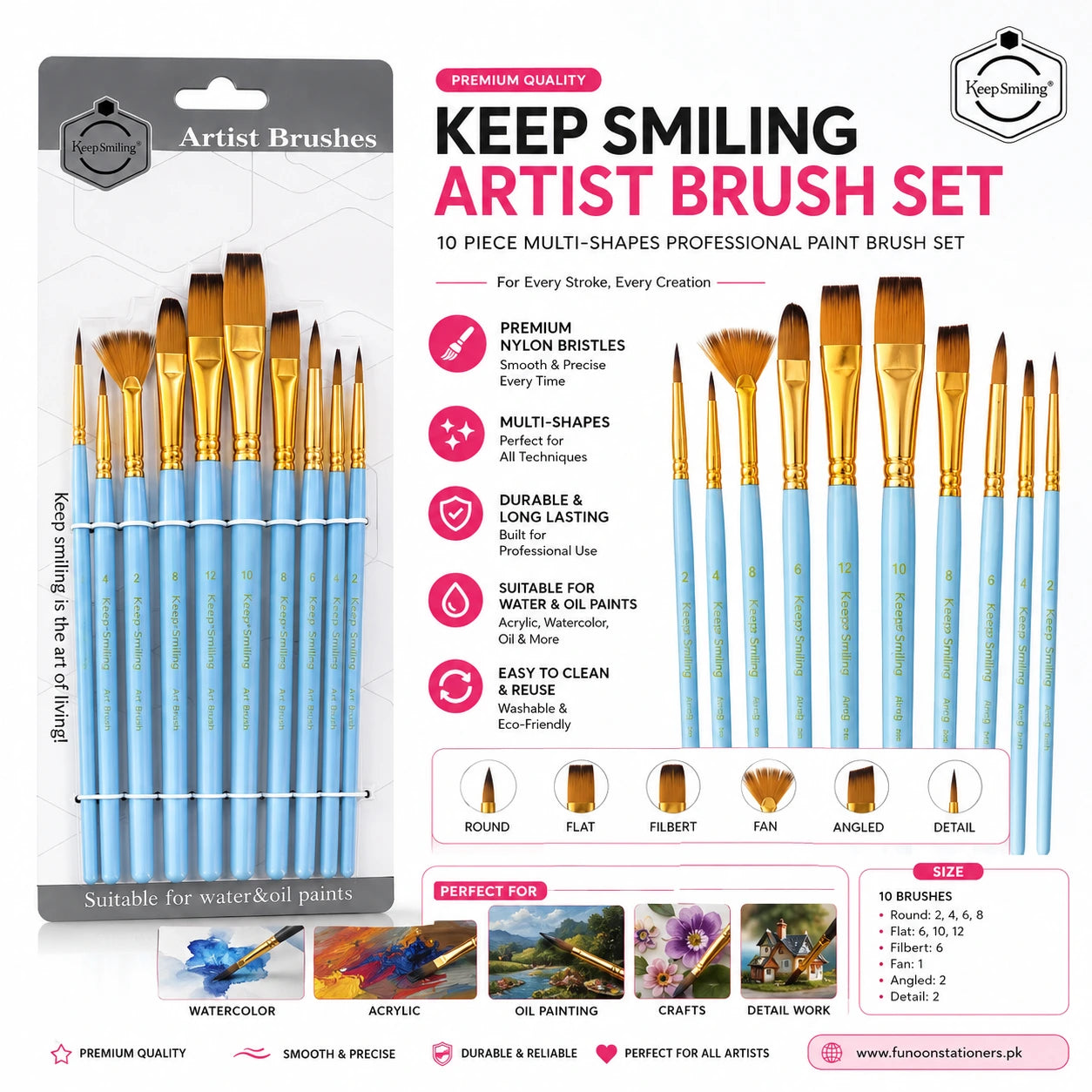 Keep Smiling A6303Z pack of 10 professional nylon paint brushes with assorted brush shapes for acrylic, watercolor, gouache, tempera, and oil painting on a white background.