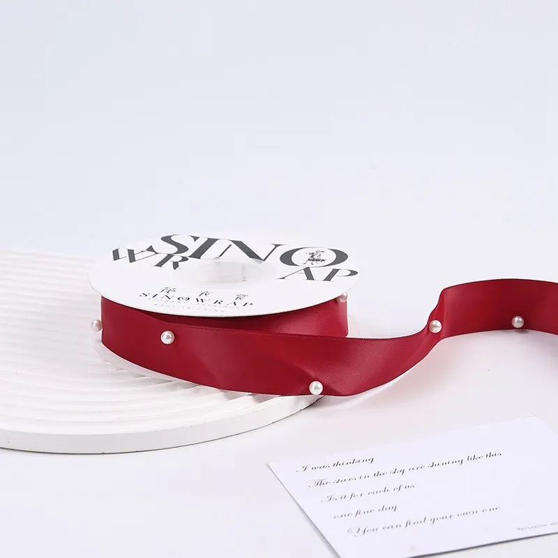 Fabric gift wrapping ribbon with pearl 1 inch x 5 yard for gifts wedding and DIY decoration
