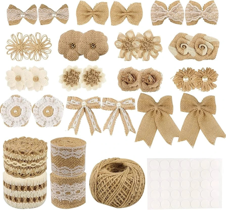 Decorative burlap jute lace ribbon rolls with daisy, heart, and gold border designs for DIY crafts, gift wrapping, bouquet decoration, gajra making, and floral arrangements on a white background.