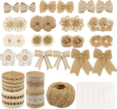 Decorative burlap jute lace ribbon rolls with daisy, heart, and gold border designs for DIY crafts, gift wrapping, bouquet decoration, gajra making, and floral arrangements on a white background.