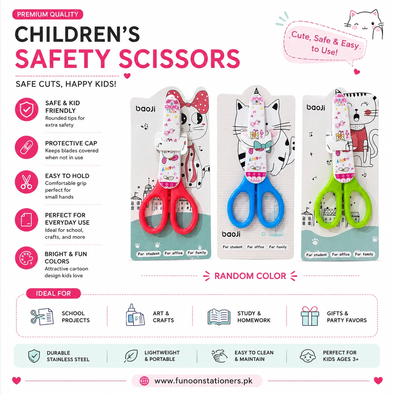 Children's safety scissors with a cute cartoon cat design, rounded blades, protective cap, and colorful handles for school, crafts, and paper cutting on a white background.