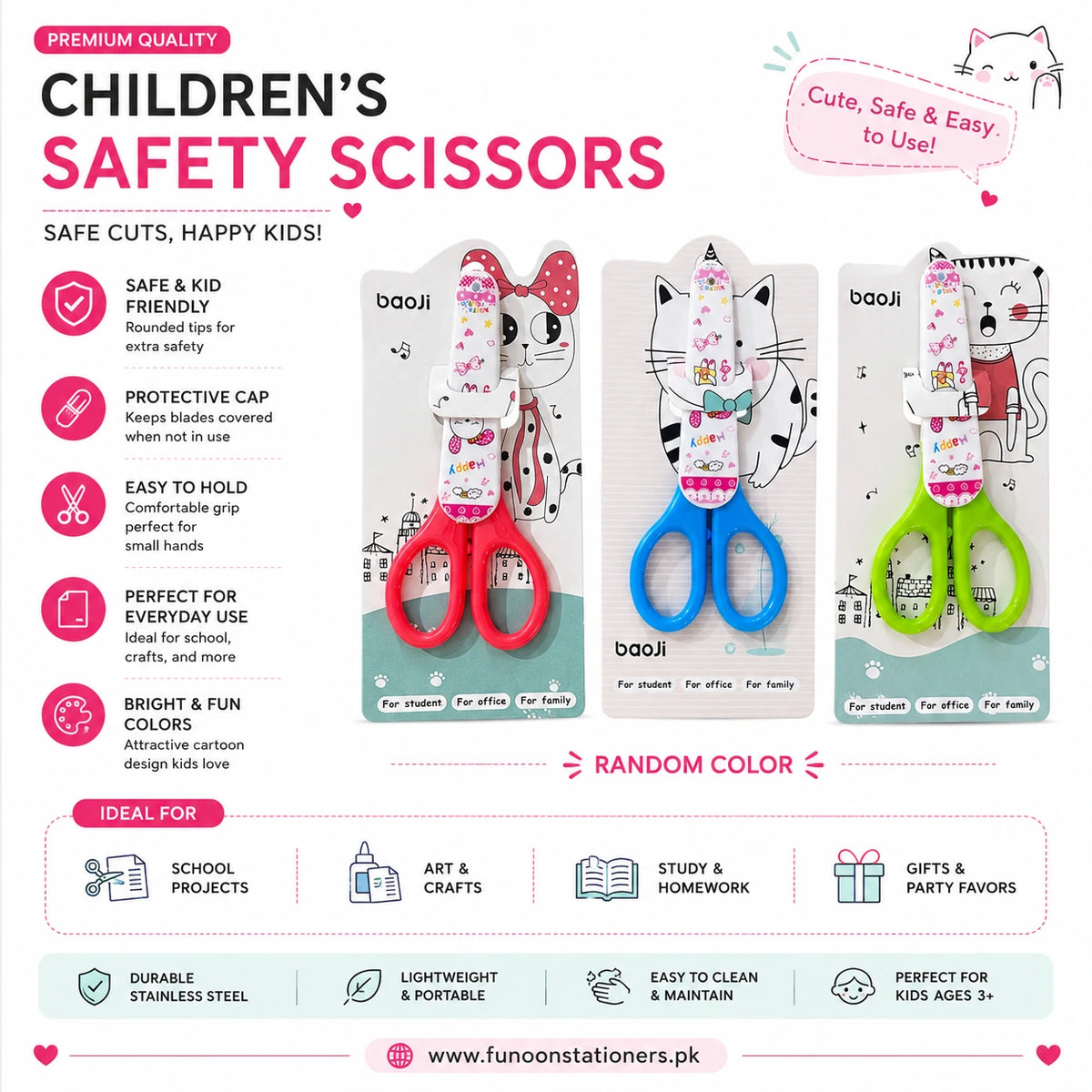 Children's safety scissors with a cute cartoon cat design, rounded blades, protective cap, and colorful handles for school, crafts, and paper cutting on a white background.