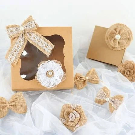 Decorative burlap jute lace ribbon rolls with daisy, heart, and gold border designs for DIY crafts, gift wrapping, bouquet decoration, gajra making, and floral arrangements on a white background.
