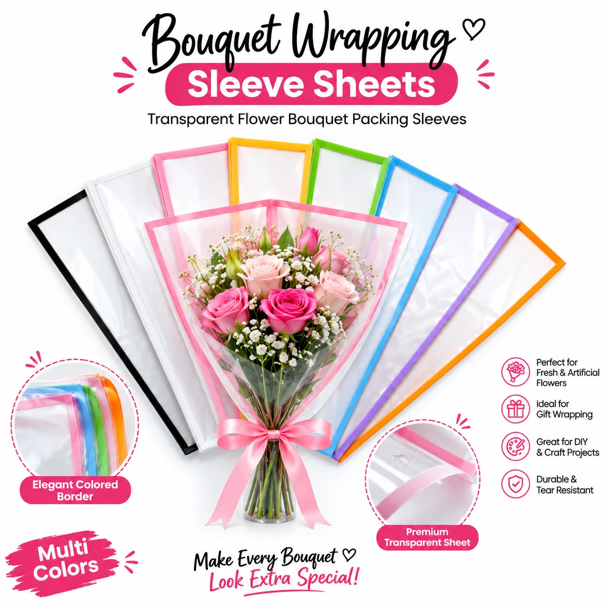 Transparent bouquet wrapping sleeve sheet with colored border for flower bouquet packaging, florist wrapping, gift presentation, and floral arrangements on a white background.