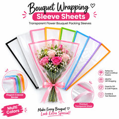 Transparent bouquet wrapping sleeve sheet with colored border for flower bouquet packaging, florist wrapping, gift presentation, and floral arrangements on a white background.