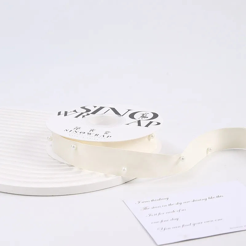 Fabric gift wrapping ribbon with pearl 1 inch x 5 yard for gifts wedding and DIY decoration