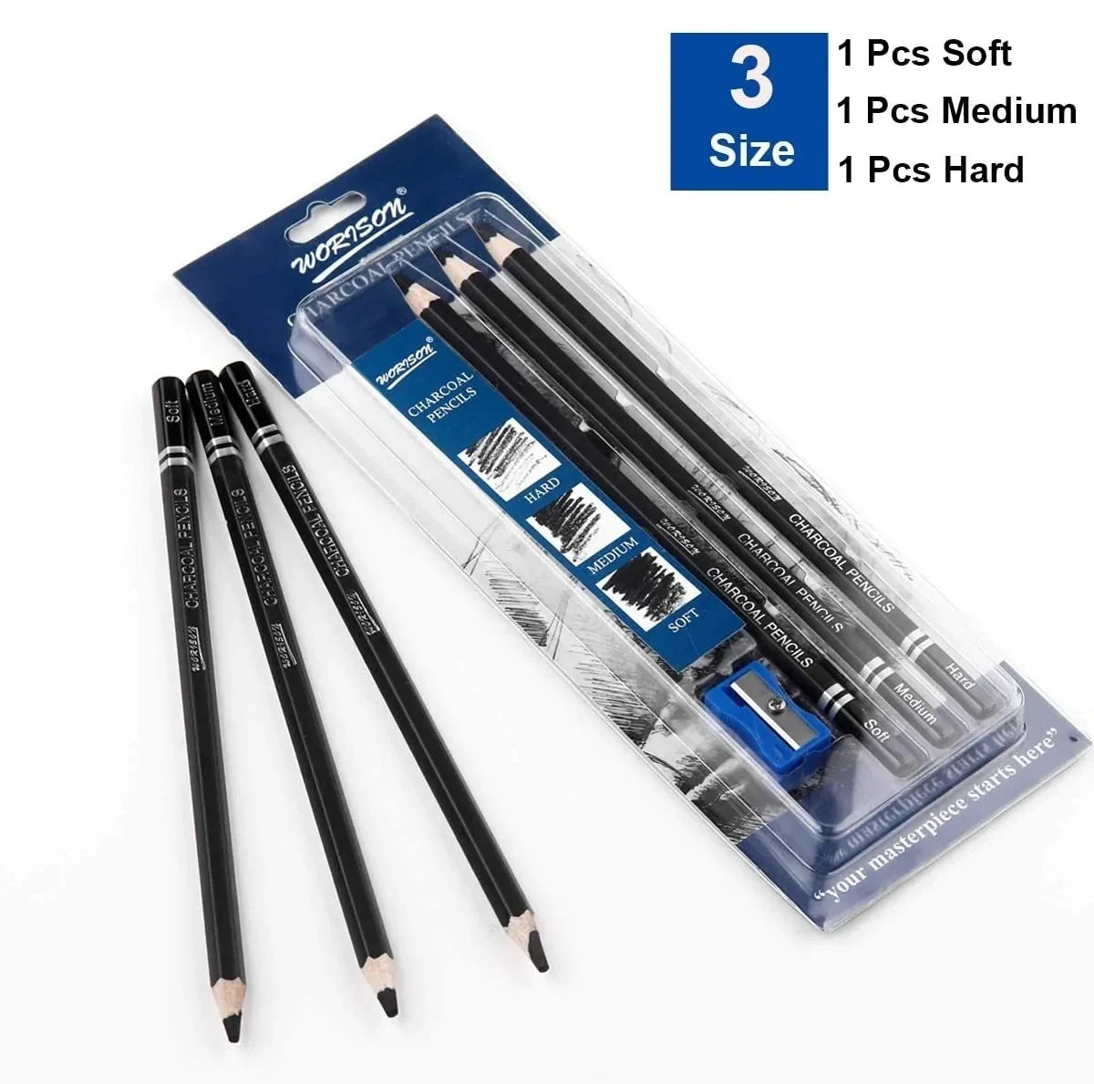 Worison professional black charcoal pencils set of 3 soft medium hard for sketching and drawing